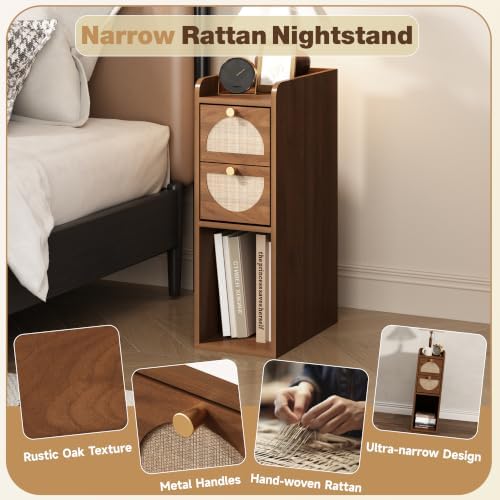 Narrow Nightstand Set of 2 (Rattan & Wood) - Small Bedside Table with 2 Drawers, Open Shelf, Mid Century Modern End Table - for Bedroom, Living Room & Small Spaces, Walnut