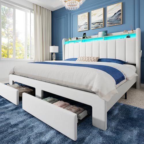 Allewie King Size Bed Frame with 2-Tier Storage Headboard & 2 Large Drawers