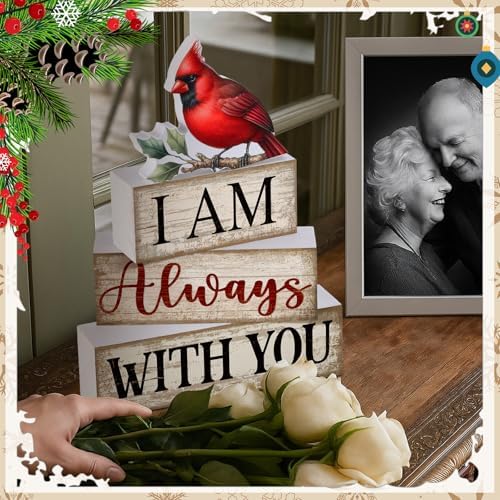 Yuntau 4 Pcs Cardinal Christmas Decor Wood Block Sign Tiered Tray Decor