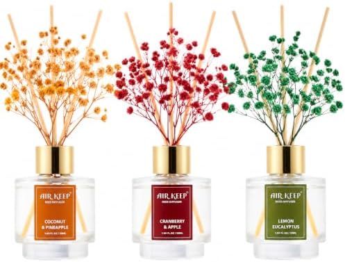 Airkeep Reed Diffuser Set of 3, Coconut Pineapple Lemon Eucalyptus Cranberry Apple Oil Reed Diffusers for Bedroom Living Room Office Aromatherapy Oil Reed Diffuser for Gift 50ml x 3