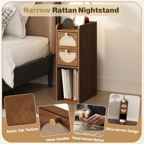 Narrow Nightstand (Rattan & Wood) - Small Bedside Table with 2 Drawers, Open Shelf, Mid Century Modern End Table - for Bedroom, Living Room & Small Spaces, Walnut
