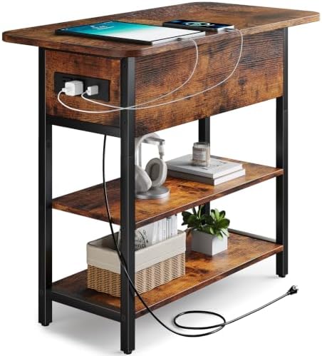 Yoobure End Table with Charging Station, Flip Top Side Table with USB Ports and Outlets, Sofa Couch Table Bedside Table for Living Room Bedroom, Narrow Nightstand with Storage Shelves for Small Space