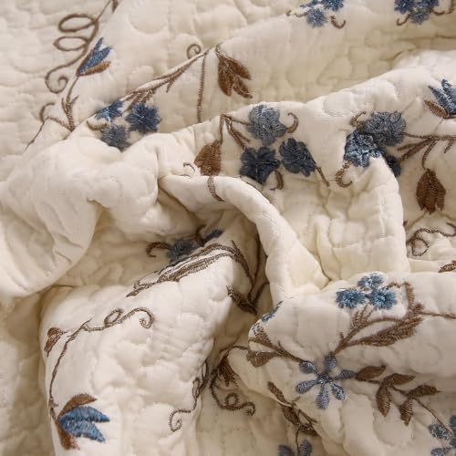 vctops 100% Cotton Quilted Throw Blanket 50x60 Inch Floral Embroidered Reversible Patchwork All Season Throw (Blue,50"x60")