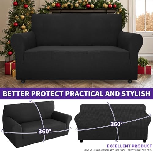ZNSAYOTX Super Stretch Couch Cover Love Seat Sofa Covers for Living Room Dogs Pet Friendly Furniture Protector Spandex Loveseat Slipcovers with Anti Slip Foam Sticks (Black, Loveseat)