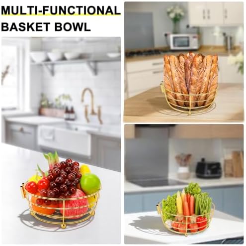 Livabber Countertop Fruit Basket Bowl with Banana Hanger, Modern Standing Fruit Vegetable Bowl Storage, with Banana Tree Holder for Kitchen Dinning Table (Round Metal, Gold)