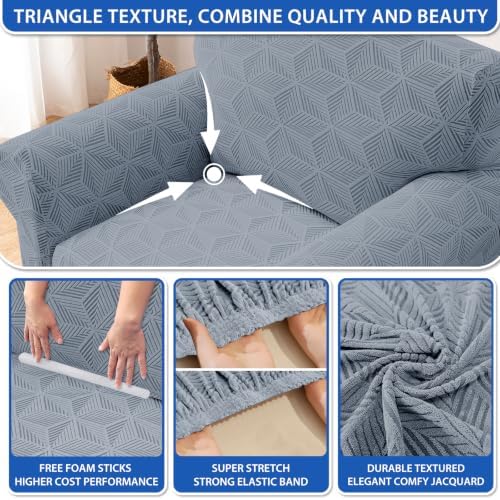 ZNSAYOTX Stretch Couch Cover, 1 Piece Sofa Covers for 3 Cushion Couch, Jacquard Sofa Slipcovers with Elastic Bottom Thickened Furniture Protector for Dog Cat Pet (Large, Light Grey)
