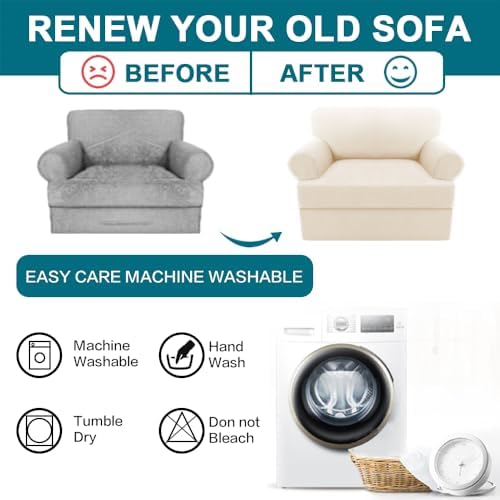 Turquoize T Cushion Chair Slipcover Armchair Slipcover for Living Room Stretch Sofa Couch Cover Soft Armchair Cover Washable Furniture Covers with Individual T Cushion Seat Covers (Chair, Cream)