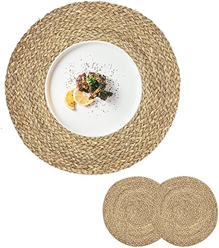 Woven Placemats for Dining Table Set of 2, 100% Natural Straw, Rustic Round Placemats Farmhouse Table Mats Rattan Wicker Placemats Hand Braided Place Mats for Indoor Outdoor, 14.17“