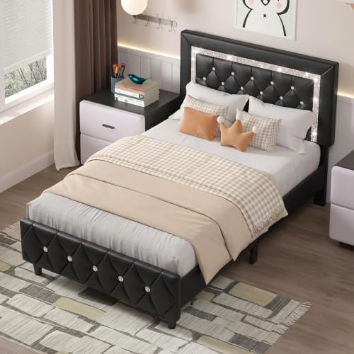 HOMBCK Twin Bed Frame with Headboard, Diamond Tufted Design, Black