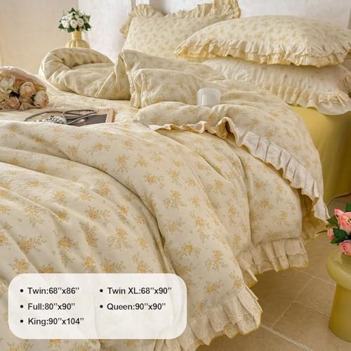Aesthetic 100 Cotton 2 Layer Muslin Duvet Cover Set 3 Pcs(1 King Size Duvet Cover with 2 Pillowcases),Yellow Bedding Set with Zipper Ties,Lightweight Breathable Comforter Covers 104"×90"