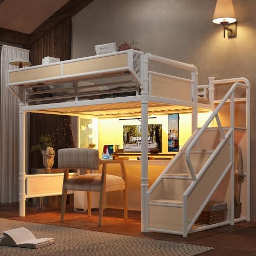 Bellemave Full Metal Loft Bed with Stairs and Desk for Kids,Adults,White
