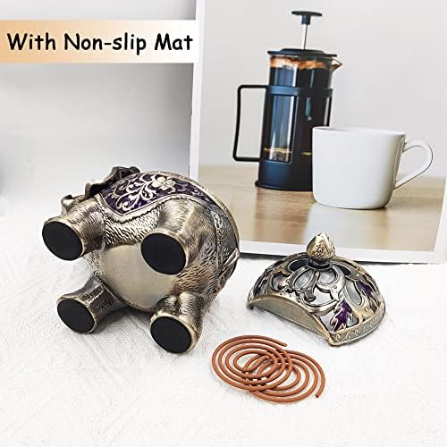 Hourwof Metal Elephant Incense Holder,Vintage Cone Coil Incense Burner with Lid,Ash Catcher,Aromatherapy Ornament Home Office Decor (Purple)
