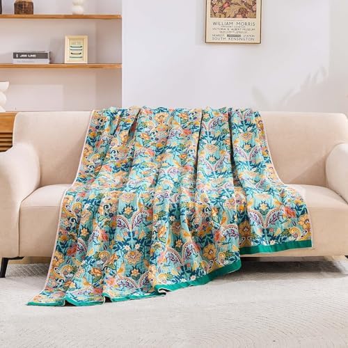 XIBLC Boho Blanket Throw Quilt, 100% Cotton Soft Light Weight Throw Blankets for Summer, 60"x80" Farmhouse Flower Decorative Blankets, All Season Rustic Reversible Bohemian Throw Quilt