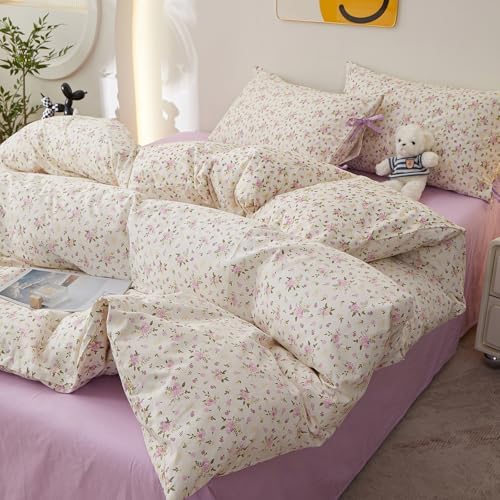 HighBuy 100% Cotton Duvet Cover Full,Lilac Floral Bedding Comforter Cover French Style,Duvet Cover Set 2 Bowknot Bow Tie Pillowcases,Shabby Chic Bedding Duvet Cover Set