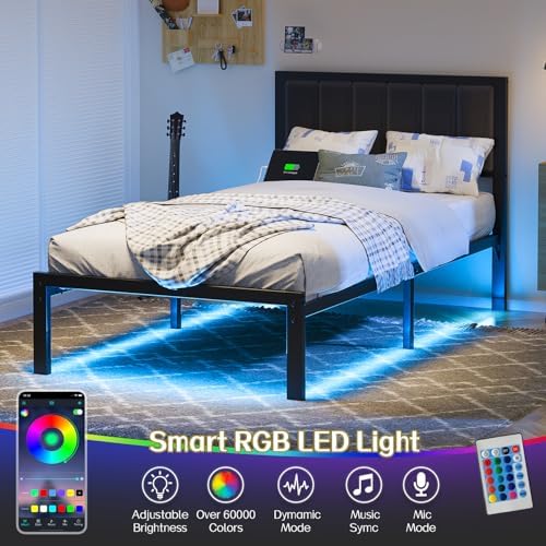 OLEVS Twin Bed Frame with Headboard, Smart LED & Charging Station