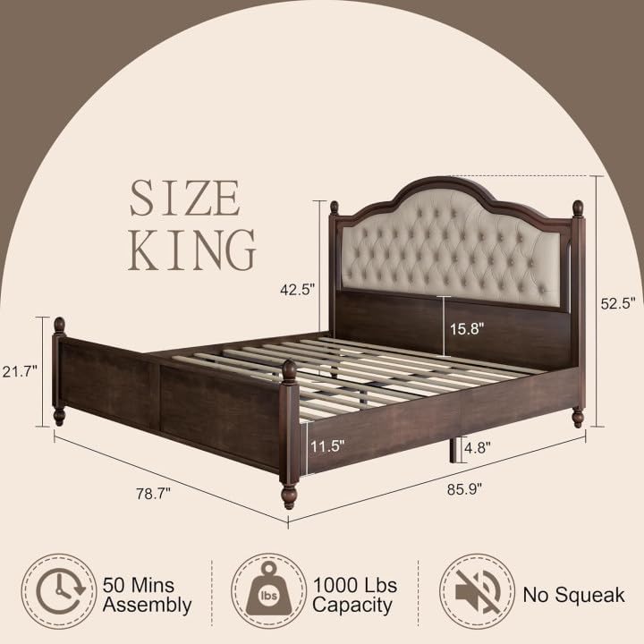 AMERLIFE King Size Solid Wood Bed Frame with Upholstered Tufted Headboard