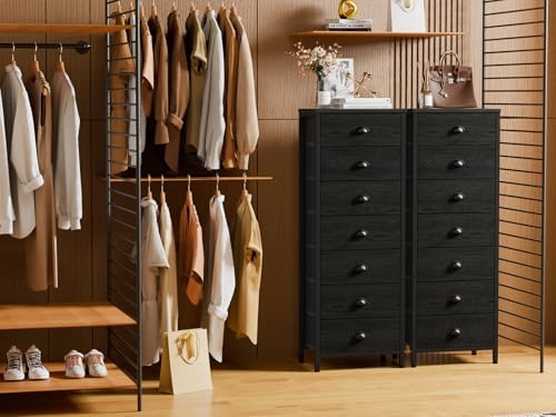 Furnulem Black Bedroom Dresser, Tall Chests of Drawers with 7 Fabric Bins