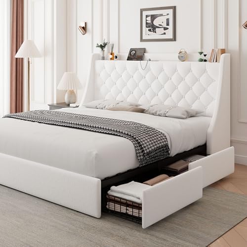 Feonase Upholstered Queen Size Bed Frame with 4 Storage Drawers, Charging Station, Tufted Wingback Storage Headboard, No Box Spring Needed, Easy Assembly, White