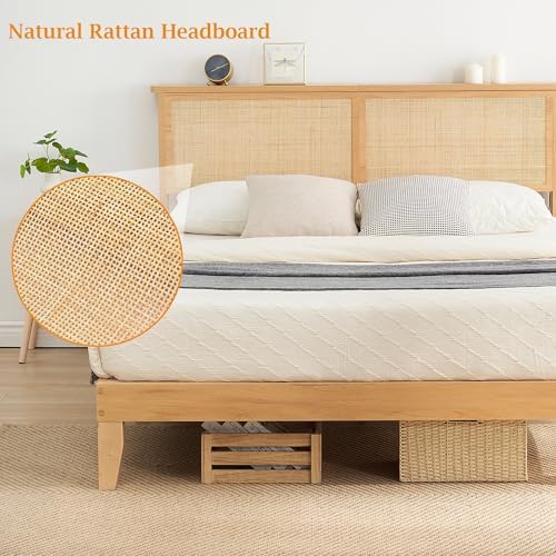 coucheta Bohemian King Rattan Bed LED Natural Headboard Bedroom