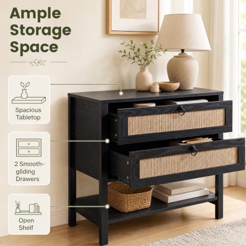 GIANTEX Rattan Nightstand with 2 Drawers, 27" Wide Boho Bedside Table