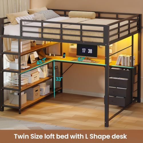 Loft Bed Full Size with L Shape Desk,4 Drawers,3-Tier Storage Shelves Metal Loft Bed Frame with Power Outlet and LED Lighted,No Box Spring Needed,Space-Saving,Noise Free (Brown & Black, Full Size)