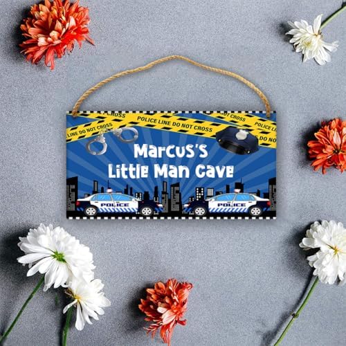 Personalized Police Car Little Man Cave Door Sign Kids Room Decor Custom Name Girls Boys Bedroom Toddler Baby Nursery Hanging Art Wood Wall Plaque