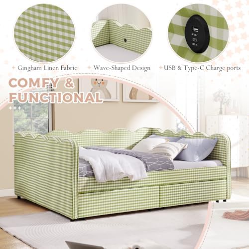Queen Size Daybed with Storage Drawers, Linen Gingham Daybed with USB Ports & Wave Shaped, Upholstered Day Bed Frame, Modern Sofa Bed for Living Room/Bedroom/Guest Room, No Box Spring Needed, Green