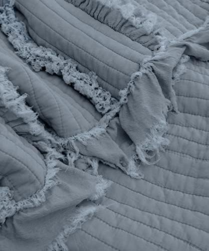 Ultra Soft Pre-Washed Quilted Throw Blanket, Ruffle Fringed Dark Blue Decorative Throw, Stone Washed Chic Rustic Blanket for Sofa Couch Bed Chair, 50"x 60"