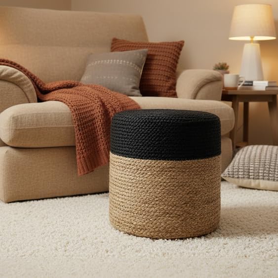 Pouf Ottoman 100% Jute Braided Pouffe Black (16"x16"x16")