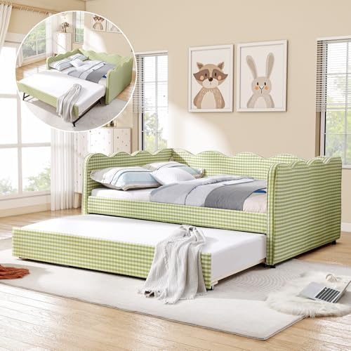 Full Size Daybed with Pop Up Trundle, Linen Gingham Full to King Daybed with USB Ports, Upholstered Day Bed Frame, Modern Sofa Bed for Living Room/Bedroom/Guest Room, No Box Spring Needed, Green