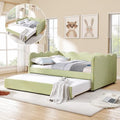 Full Size Daybed with Pop Up Trundle, Linen Gingham Full to King Daybed with USB Ports, Upholstered Day Bed Frame, Modern Sofa Bed for Living Room/Bedroom/Guest Room, No Box Spring Needed, Green