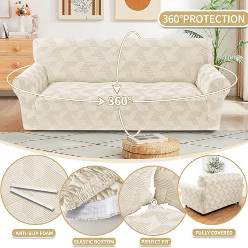 JIVINER 1 Piece Couch Cover for 2 Cushion Couch, High Stretch Loveseat Covers with Elastic Bottom, Washable Sofa Slipcovers for Dog, Pets Feature Geometrical Jacquard Fabric (Loveseat, Beige)