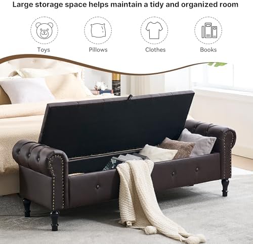 Storage Bench 67" Faux Leather End of Bed Benches Dark Brown