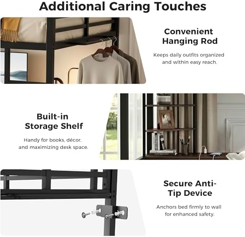 Queen Loft Bed with Desk, USB Charging Station, LED Light and 2 Storage Shelves, Metal Heavy Duty Queen Size Loft Bed for Adults, Teens, No Box Spring Needed, Black