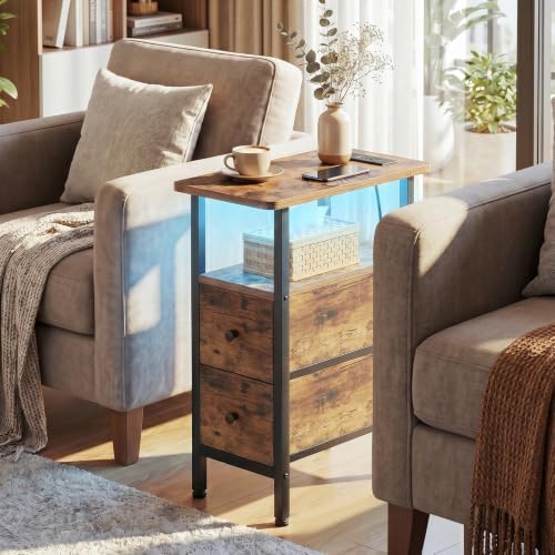 LOAKEKEL Narrow End Table with Charging Station, Small Nightstand
