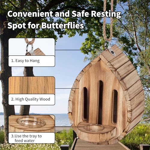 Butterfly House Butterfly Habitat Garden - Wooden Butterfies Houses with Feeder Hanging Garden Decoration Natural Nesting Box for Butterflies Bugs Moths & Lacewings