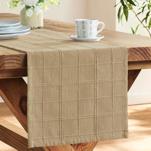 ZeeMart Linen Checked Farmhouse Table Runner, 13x90 Inches Camel