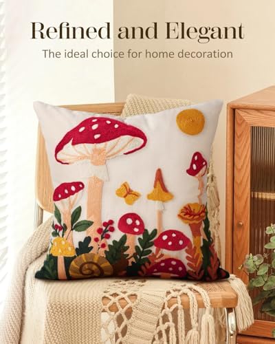 Embroidered Throw Pillow Cover 18x18 Inch, Mushroom Moon