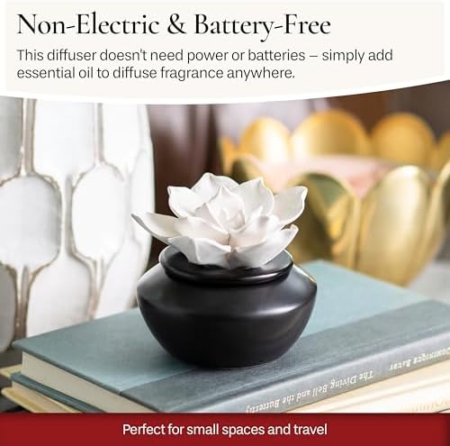 Airomé White Flower, Porcelain Passive Essential Oil Diffuser (with 15ml Peppermint Essential Oil) – Non-Electric, Battery-Free, Improves Sleep, and Relieves Stress
