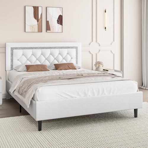BarnFurin Queen Bed Frame with Diamond Tufted Headboard,White