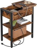 HOOBRO End Table with Charging Station, Narrow Side Table, Flip Top Nightstand with USB Ports and Outlets, Bedside Tables with Shelf for Small Spaces, Living Room, Rustic Brown BF341BZ01