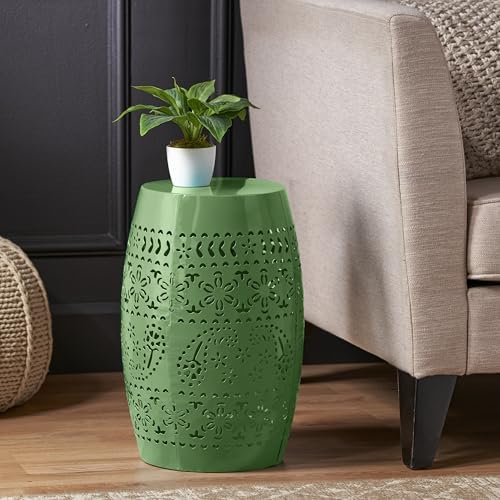 Christopher Knight Home Zoey Small Outdoor Side Table, Lace Cut Iron End Table, Metal Outdoor Stool, Hollow Drum Round Side Table, Decorative Garden Stool with Cutout Design for Patio Balcony, Green