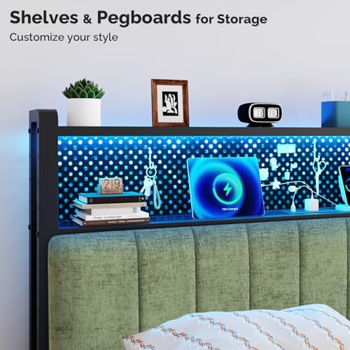 VINGLI Chenille Green Upholstered Bookcase Headboard Only Full Size Height Adjustable Headboard with 2 Tier Shelves, LED Lights and Charging Station for Bed, Bedside Storage