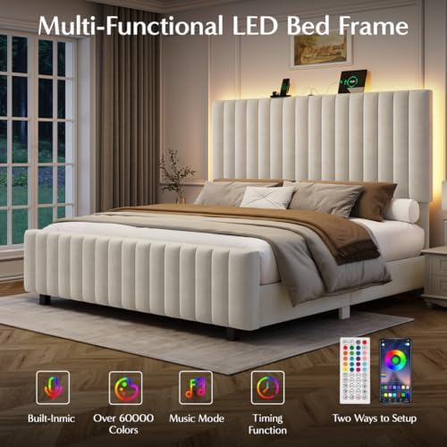 50" Tall Full Size Bed Frame with Adjustable Headboard, Upholstered Platform Full Bed Frame with Charging Station & LED Lights, Modern Luxury Velvet Tufted Bed, No Box Spring Needed, Beige