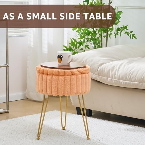 Wimarsbon Vanity Stool with Storage, Faux Fur Ottoman Chair with Metal Legs