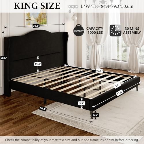 King Size Bed Frame with Wingback Headboard, Upholstered Velvet Platform Bed Frame Easy Assembly, Heavy Duty Wooden Slats Support, Noise-Free, No Box Spring Needed, Minimalist Style, Black