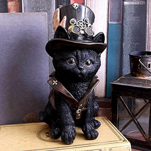 Nemesis Now Cogsmith's Steampunk Cat Adorable Black Cat with Leather Top Hat and Waistcoat, Hand-Painted Resin Figurine, Perfect for Steampunk Collectors, 18.5cm