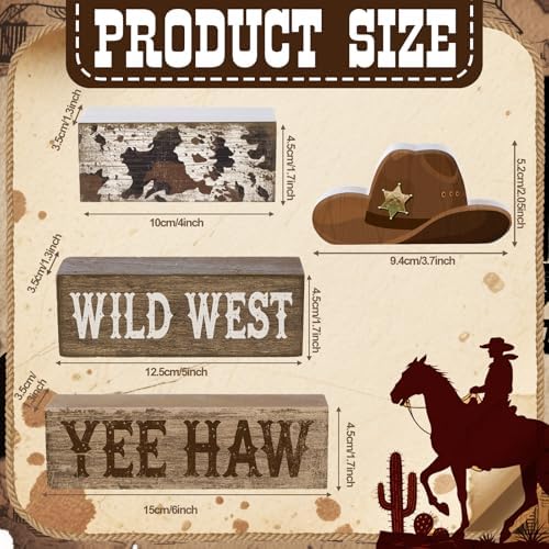 Yuntau 4 Pcs Western Cowboy Table Decor Wooden Block Signs Cowboy Hat Set