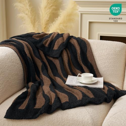 Snuggle Sac Wave Stripe Throw Blanket for Couch, Fuzzy Microfiber Blankets, Throws for Girls Daughter Gifts for Kid, Wave Chocolate Brown, 60x80 inches