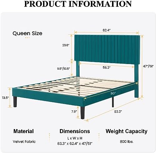 SHA CERLIN Queen Upholstered Platform Bed Frame with Vertical Channel Tufted Velvet Fabric Adjustable Headboard, Wooden Slats Support, Mattress Foundation, Box Spring Optional, Teal